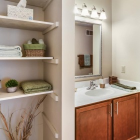 a bathroom with a sink and shelves